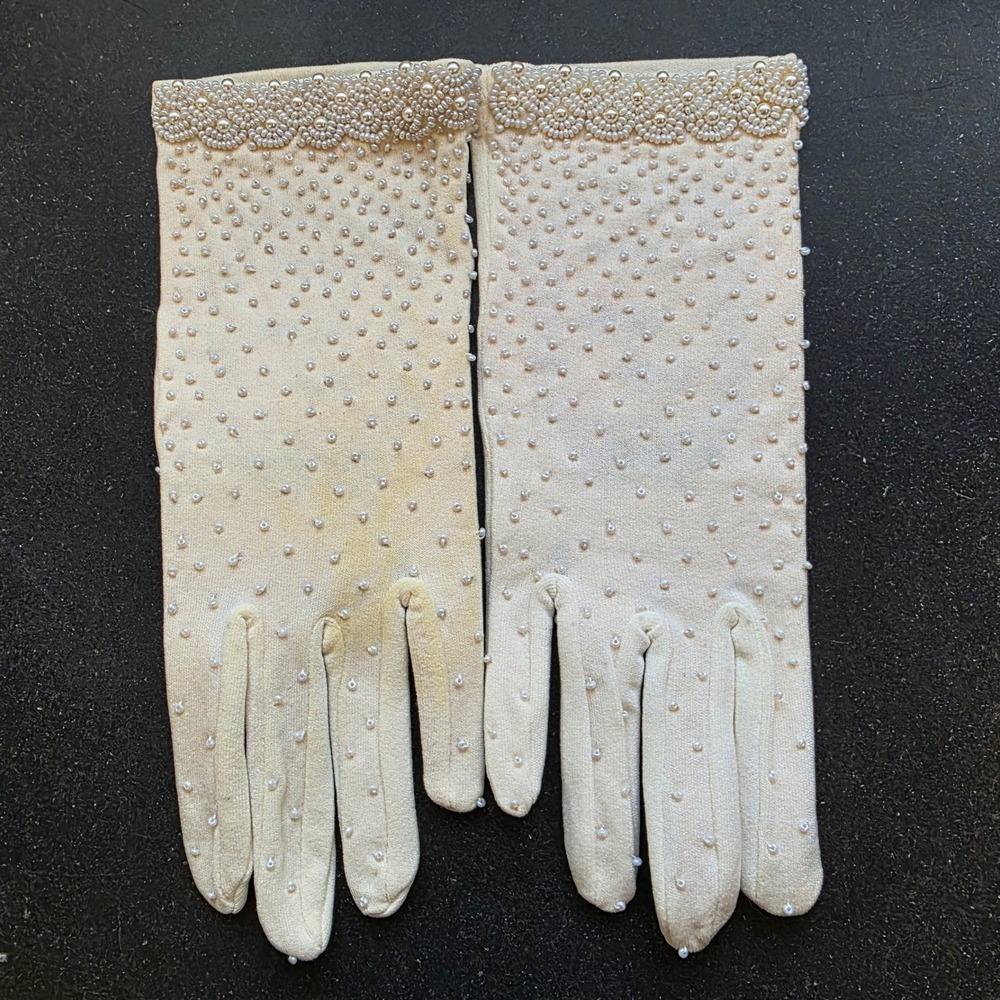 Lady Elaine Vintage Beaded Gloves OS Ivory Faux Pearl Stretch Nylon, New, READ